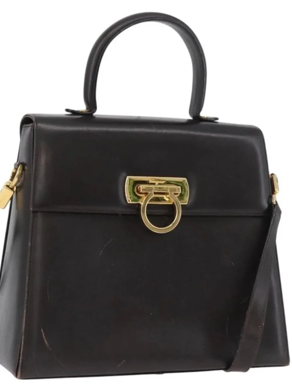 Salvatore Ferragamo Gancini Hand Bag Leather 2way Brown Gold Auth ARZ526